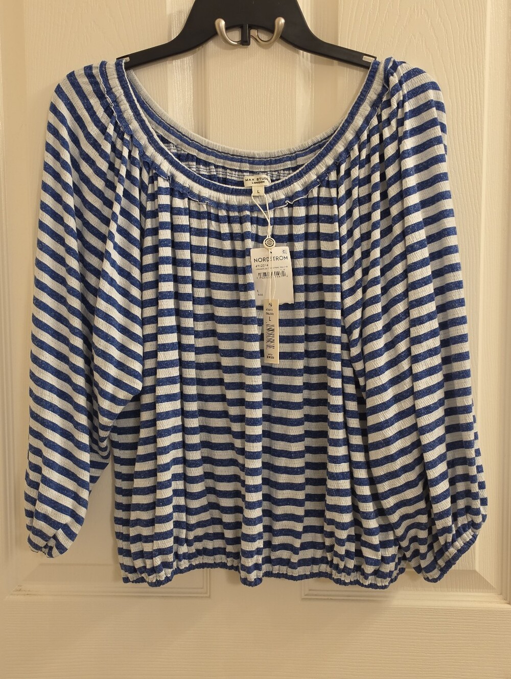 Max Studio Blue and White Striped Linen Blend Peasant Top